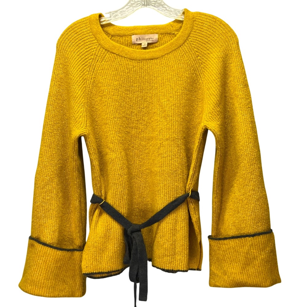 Philosophy Sweater Mustard Yellow Bell Sleeve Knit Belted Tie Waist M Crewneck‎